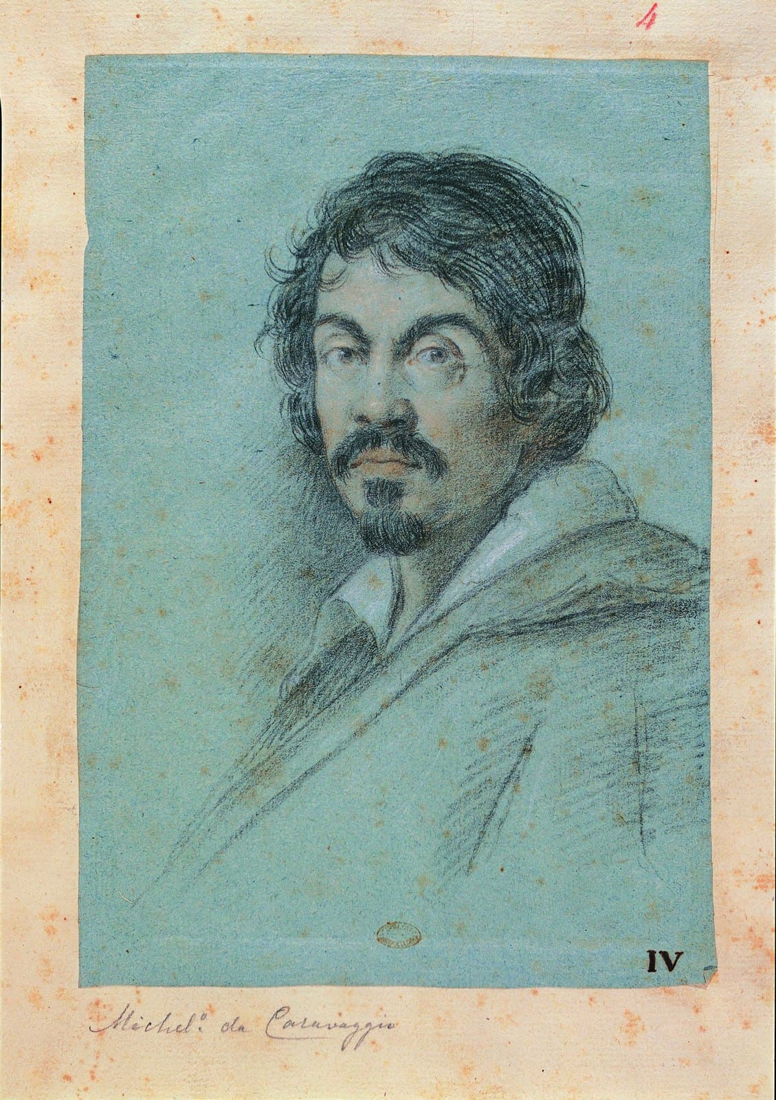 A chalk drawing on blue-green paper of a man in his thirties with dark curling hair, heavy brows, a moustache and a pointed beard. He turns his head to look out at the viewer over a white shirt collar and a roughly sketched cloak. The sheet is mounted on a spotted cream page inscribed in ink below with his name