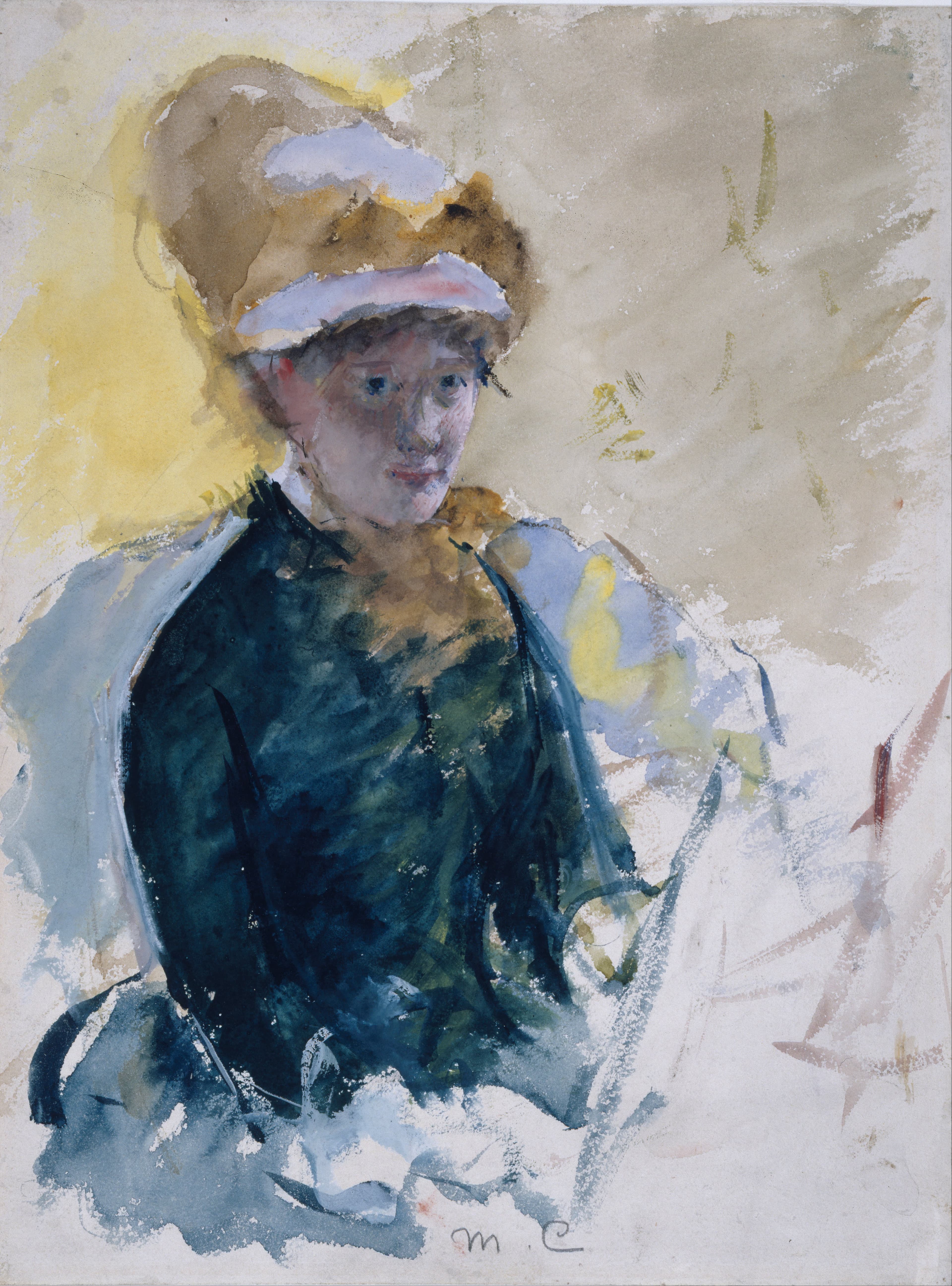 Cassatt's self-portrait in gouache: the painter in a white dress and a broad hat trimmed with ribbon, leaning back against a couch, the background left unfinished