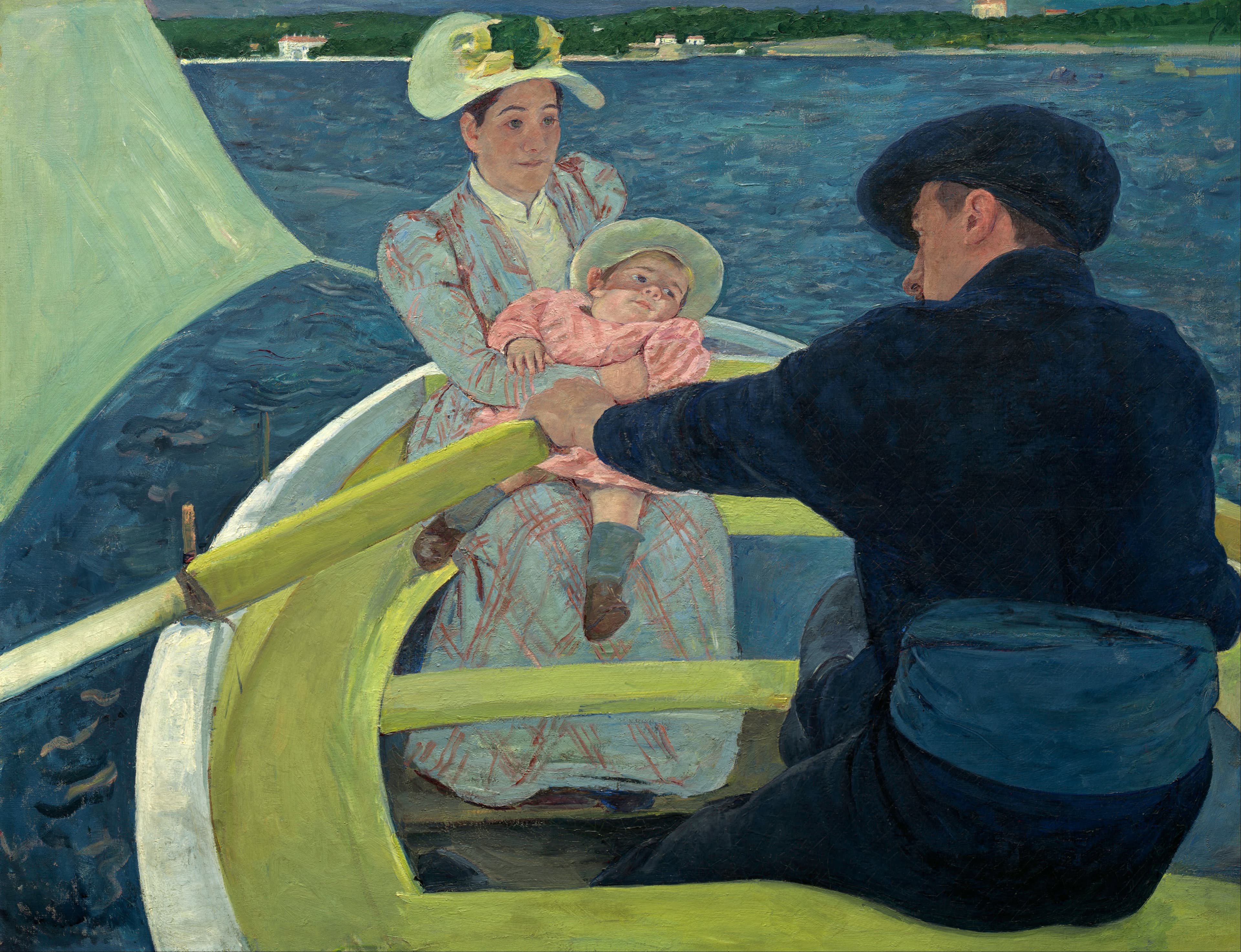 A boatman in dark blue seen from behind at the oars, filling the left of the canvas, with a woman in pale clothes and a baby seated facing him and a yellow sail curving overhead