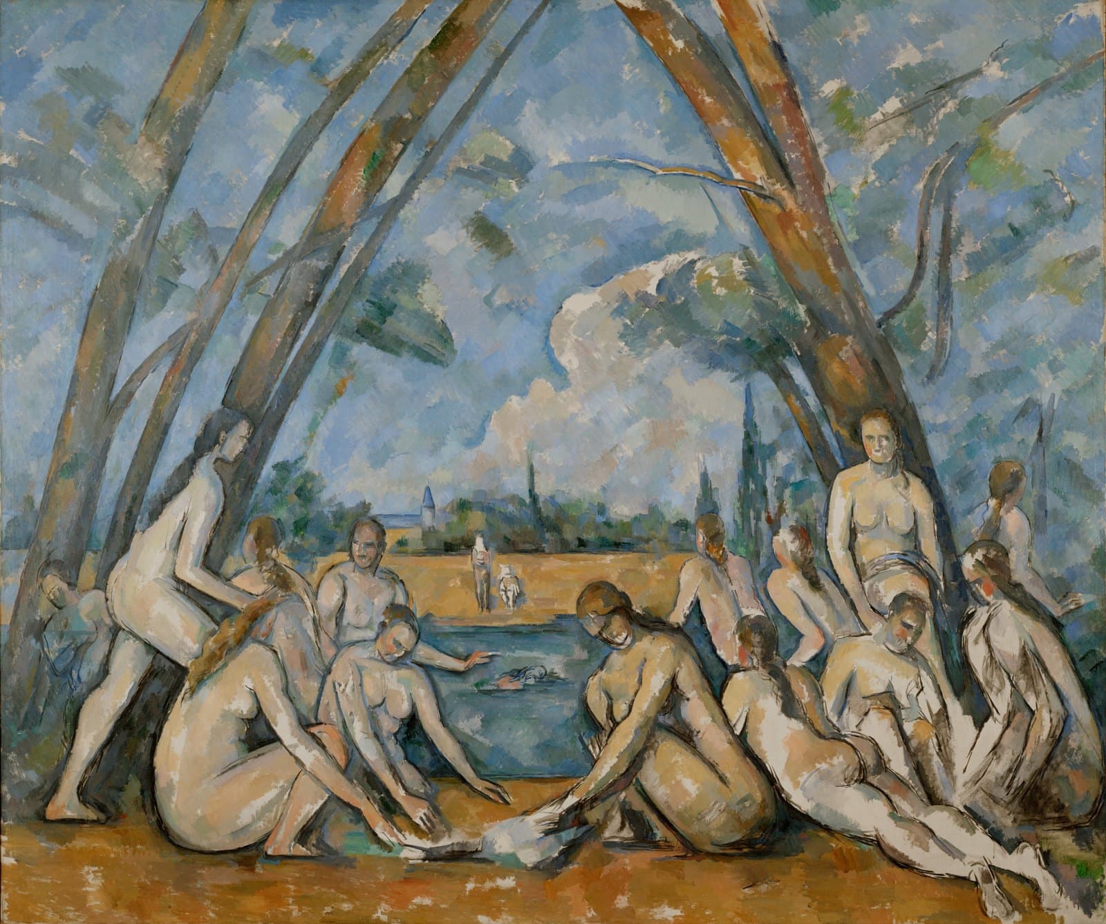 Cézanne's The Large Bathers: nude figures grouped beneath arching trees on a riverbank, painted in blues and ochres