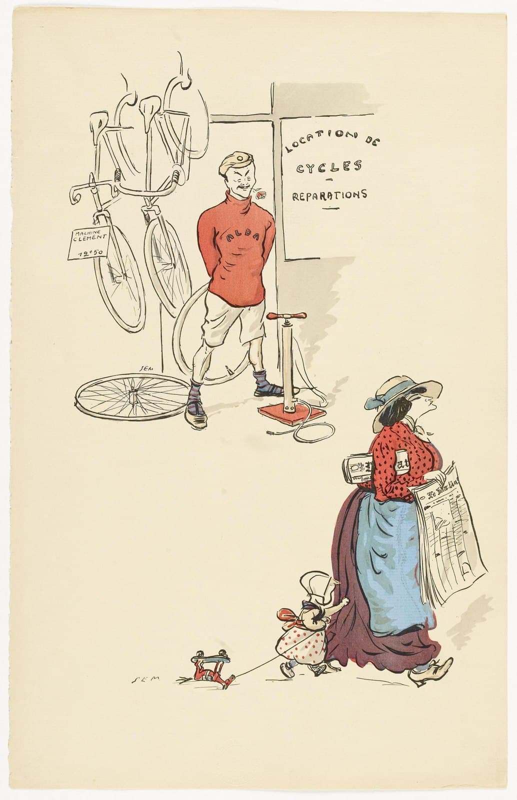 Lithograph of Colette leaning toward her young daughter Bel-Gazou
