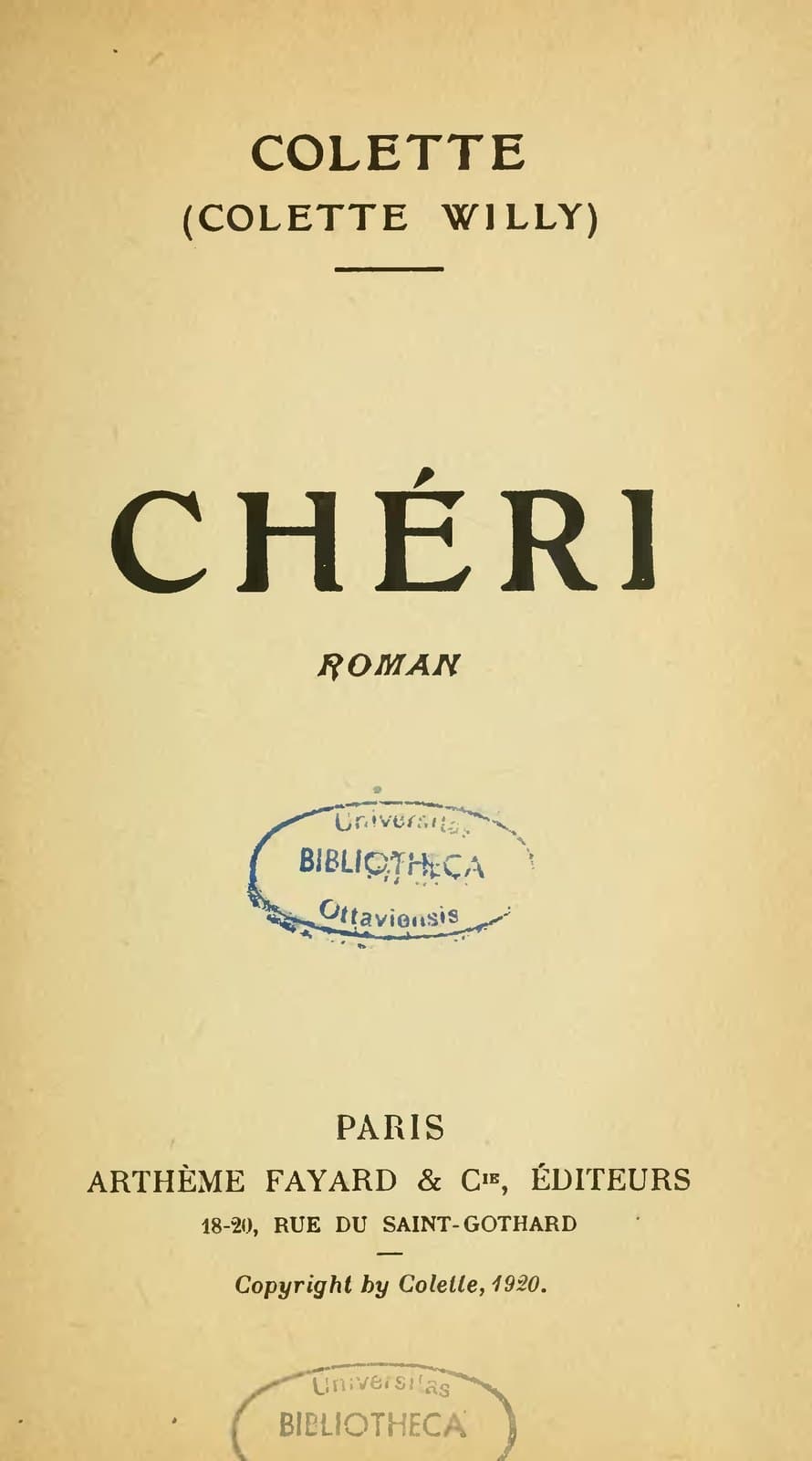 Original French title page of Chéri identifying Colette as Colette Willy