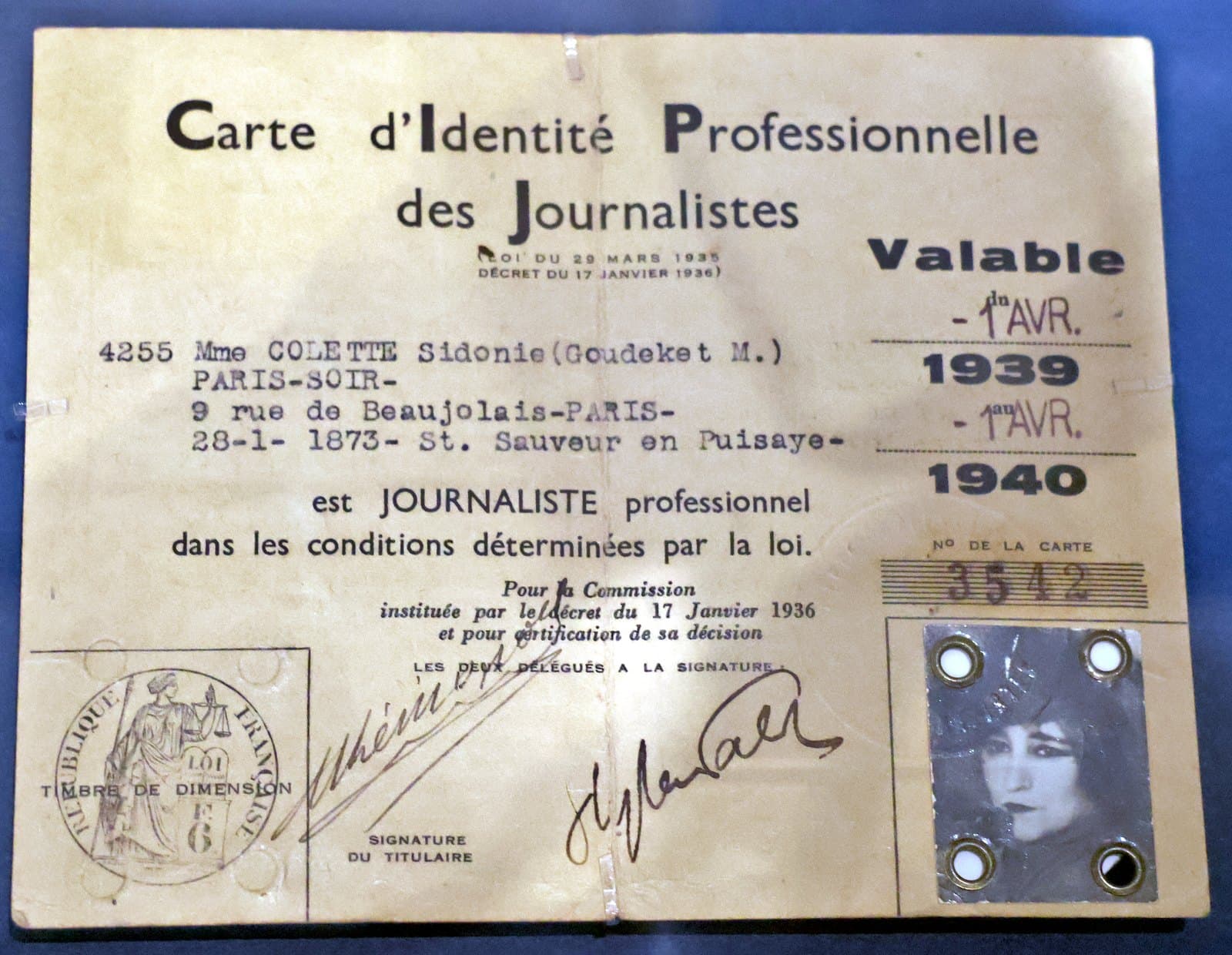 Colette’s French professional press card displayed beside her Legion of Honour card
