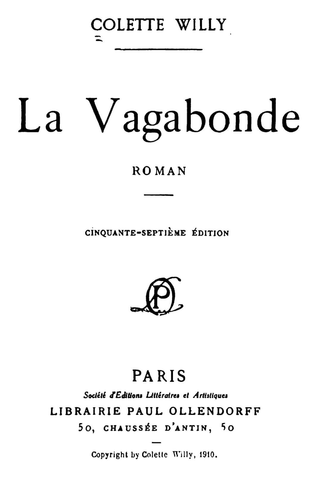 French title page of La Vagabonde naming the author as Colette Willy