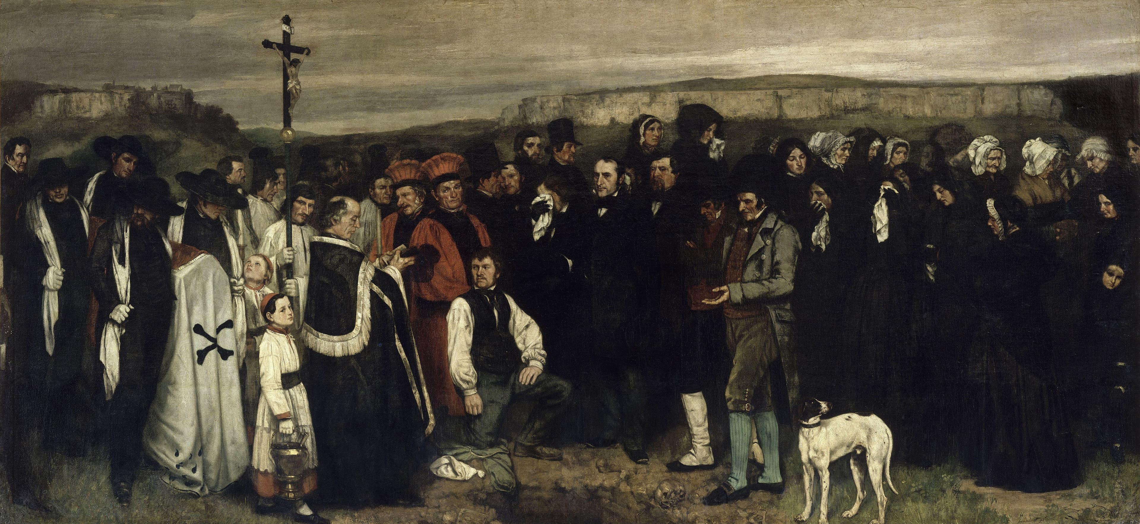 Courbet's A Burial at Ornans: some forty life-size villagers in black gathered at an open grave under a grey cliff line, clergy in red and white at the left, a dog at the front