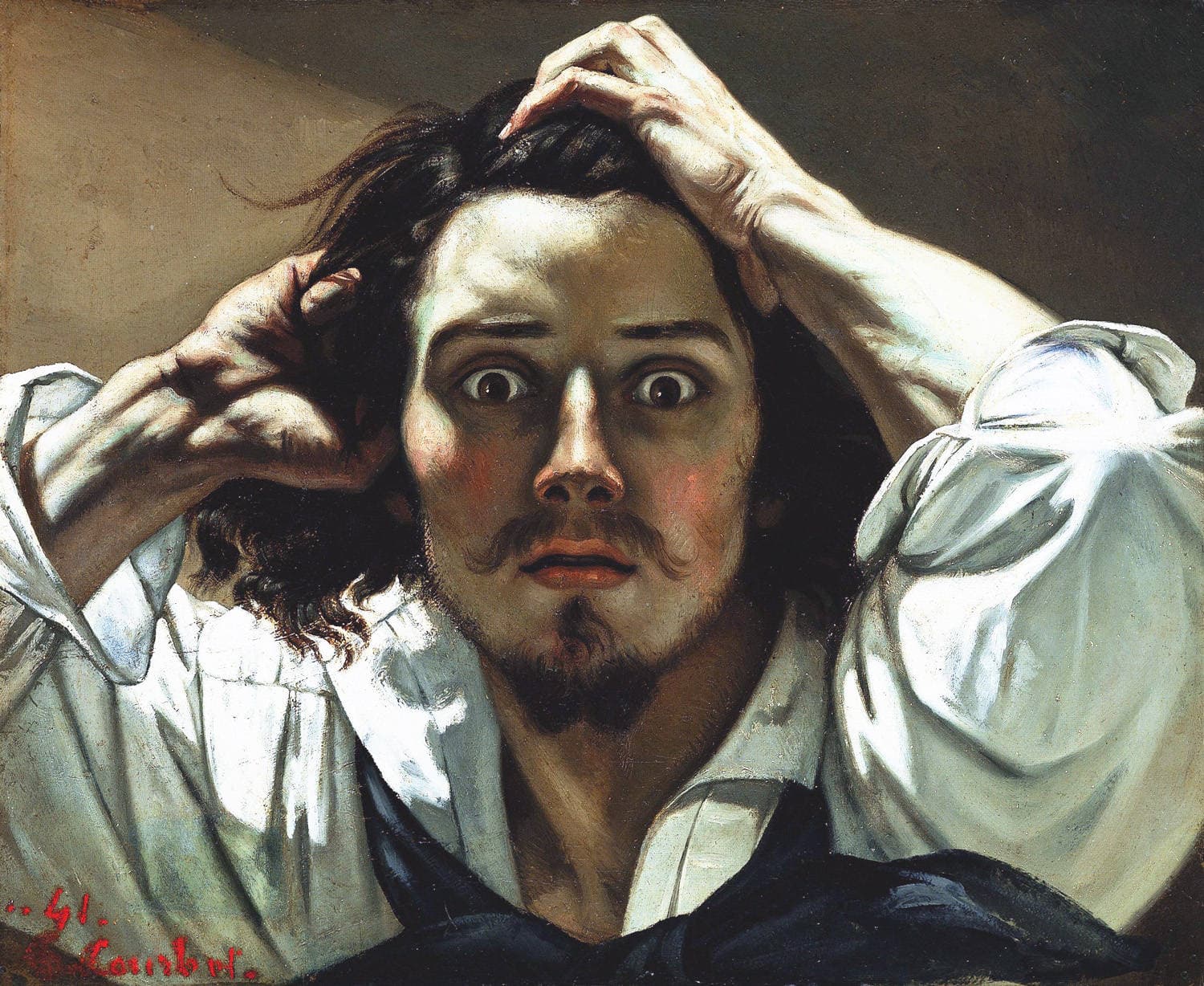 Courbet's self-portrait The Desperate Man: a young man stares wide-eyed at the viewer, both hands pulling at his dark hair