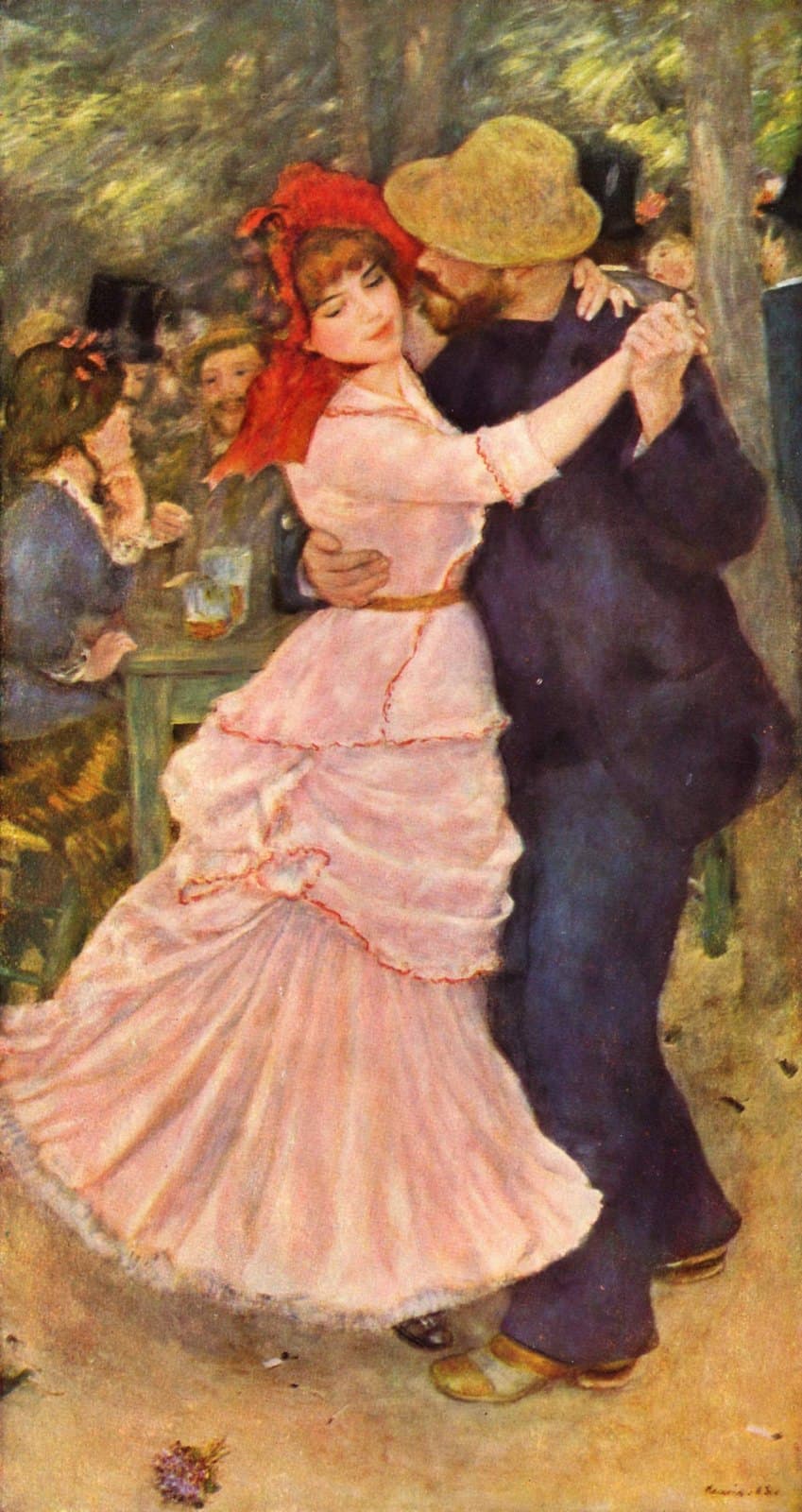 Renoir's Dance at Bougival: a couple dancing under trees, the woman in a red bonnet and white dress turning away from her partner's bearded face