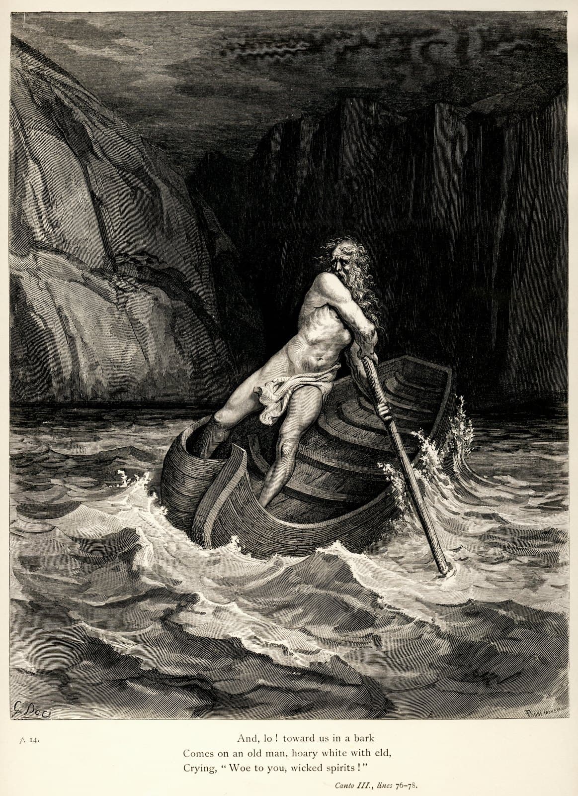 Wood engraving of Charon standing in his boat, swinging his oar over a crowd of naked souls at the river's edge