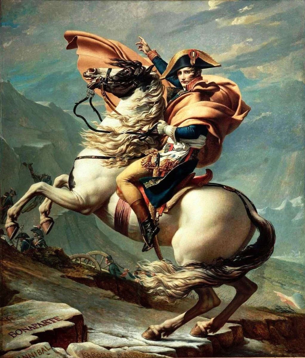 Jacques-Louis David's painting of Napoleon on a rearing white horse, cloak billowing, pointing up the Alpine pass