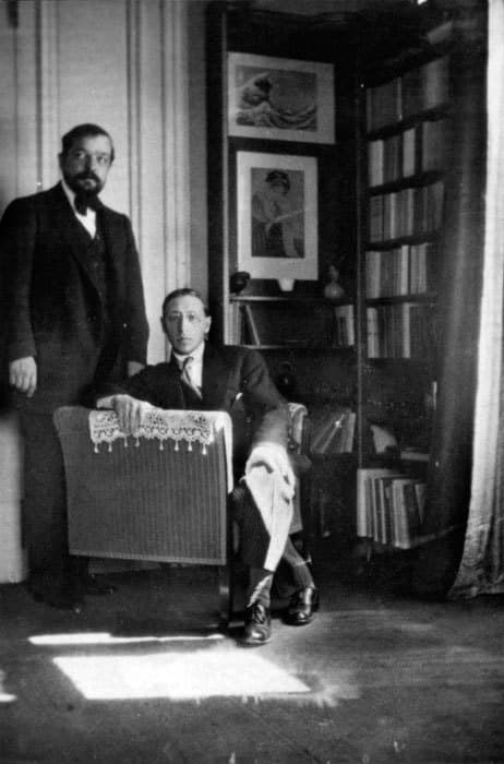 Claude Debussy and Igor Stravinsky standing together in June 1910