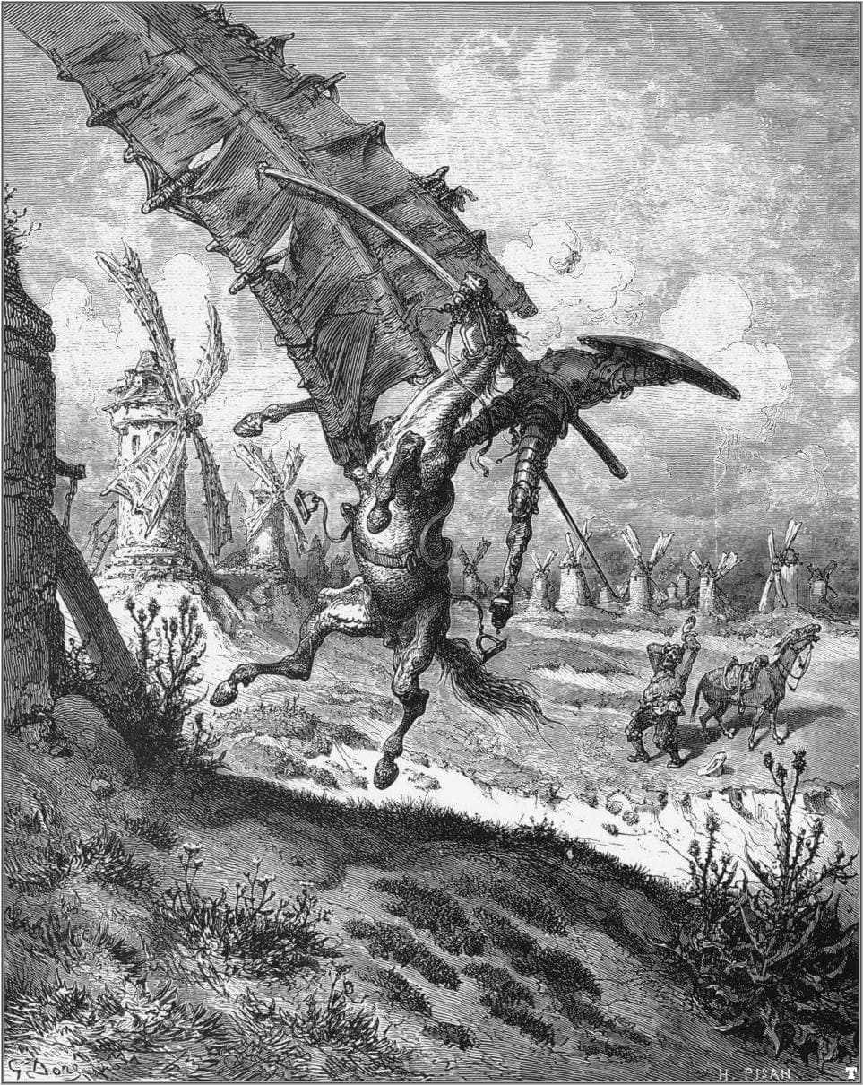 Wood engraving of Don Quixote on horseback charging a windmill with his lance while Sancho Panza watches from his donkey