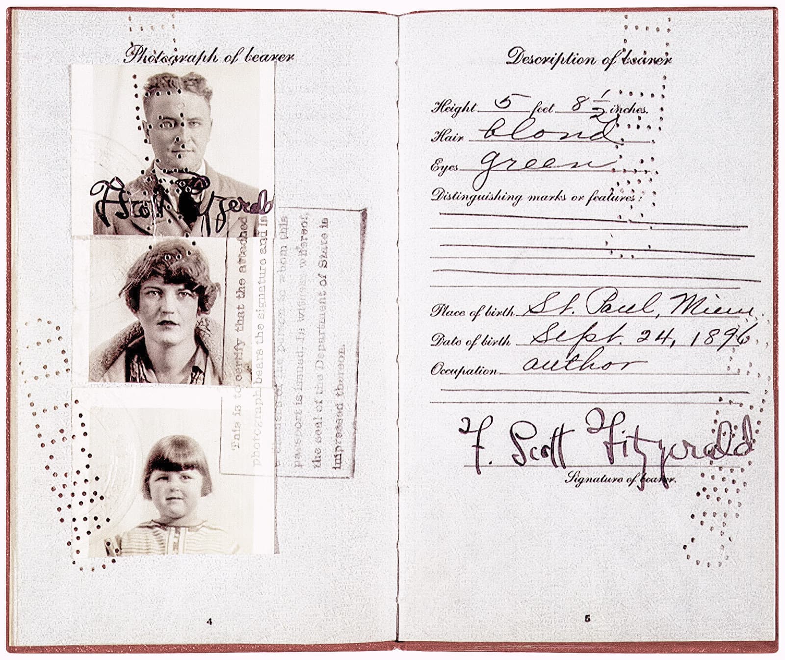 Pages from the Fitzgerald family passport, 1924, with photographs of Scott, Zelda, and Scottie