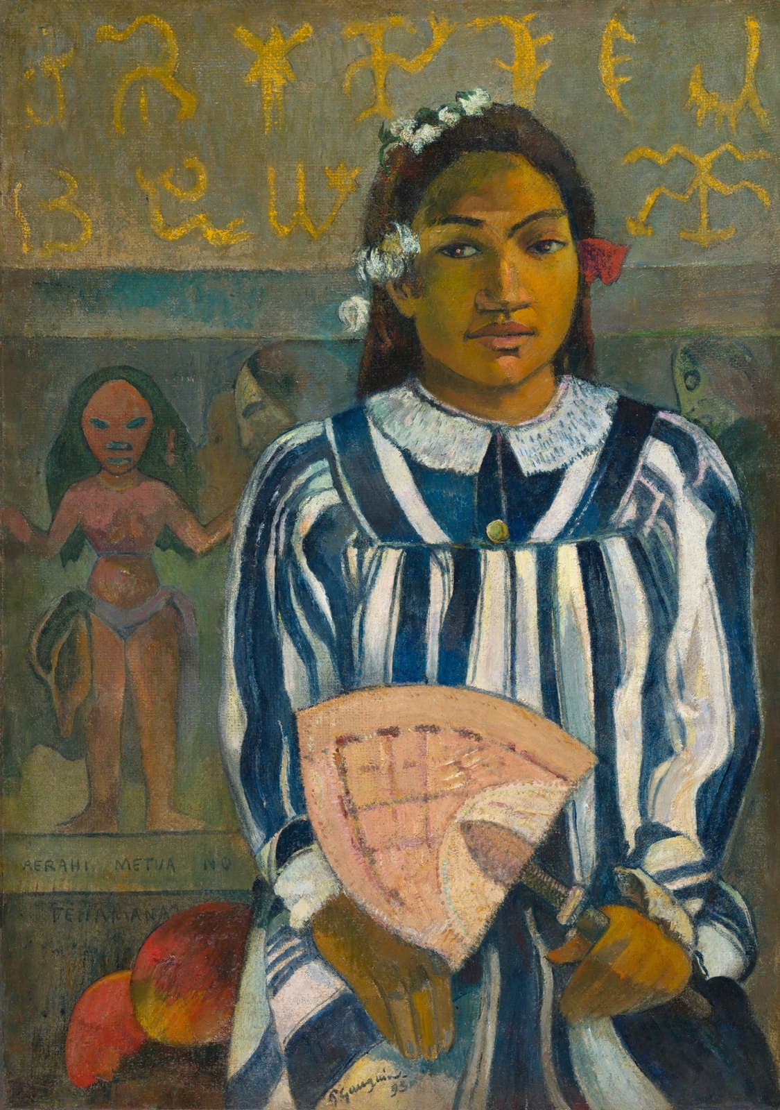 Gauguin's portrait of Tehamana in a striped missionary dress, holding a woven fan, with invented glyphs and figures behind her