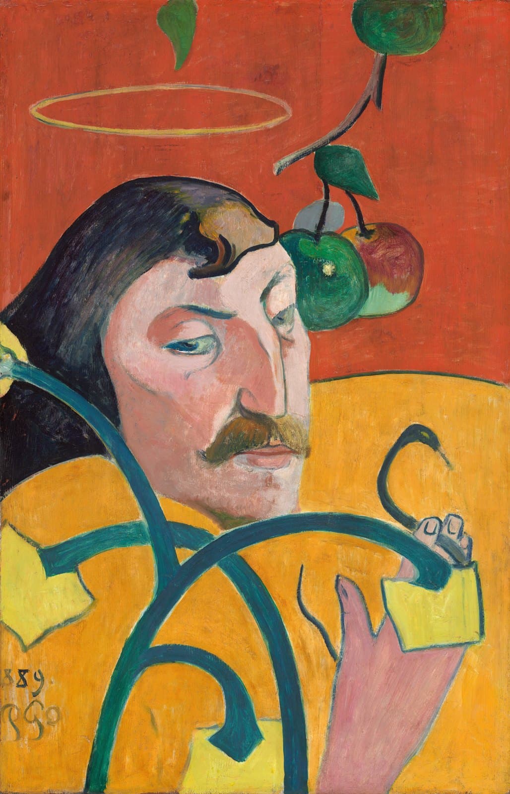 Gauguin's Self-Portrait with Halo and Snake: the painter's head between a halo and apples, a snake threading his fingers, on flat red and yellow