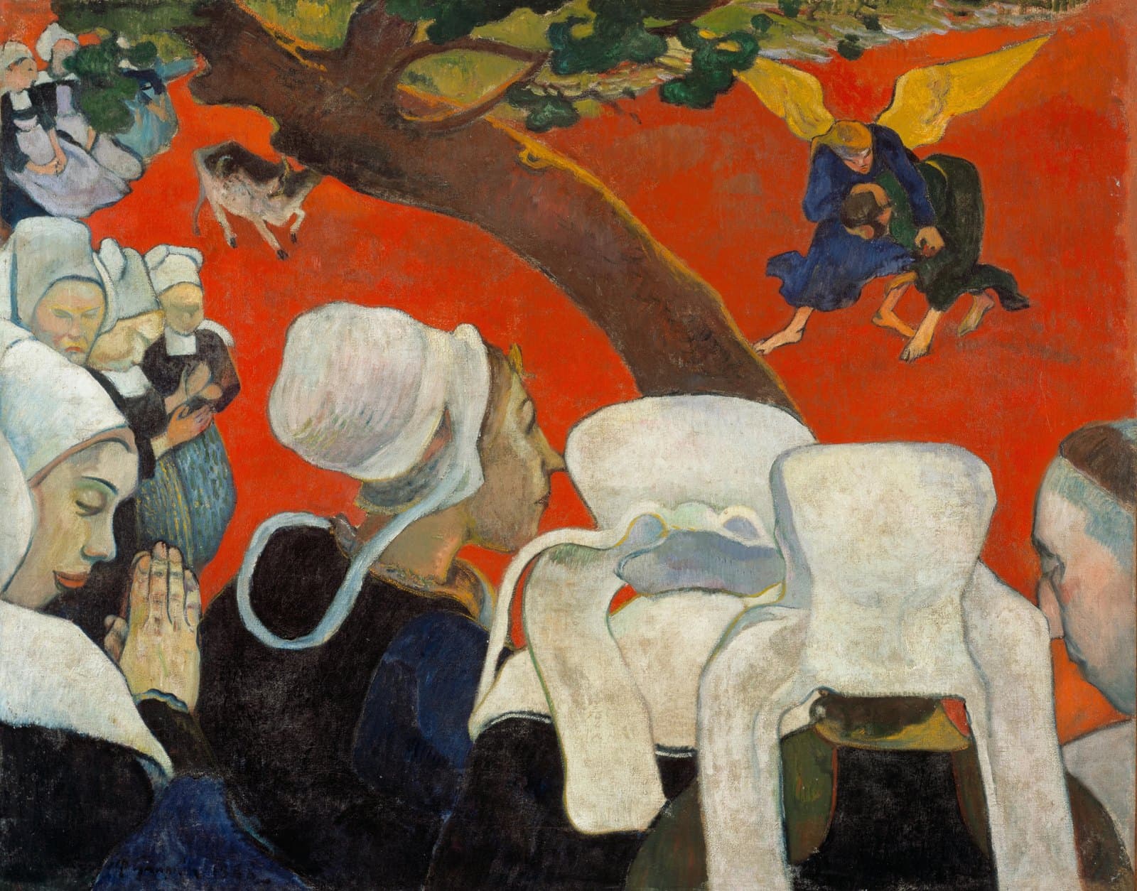Gauguin's Vision after the Sermon: Breton women in white coifs watch Jacob wrestling the angel on a field of pure red