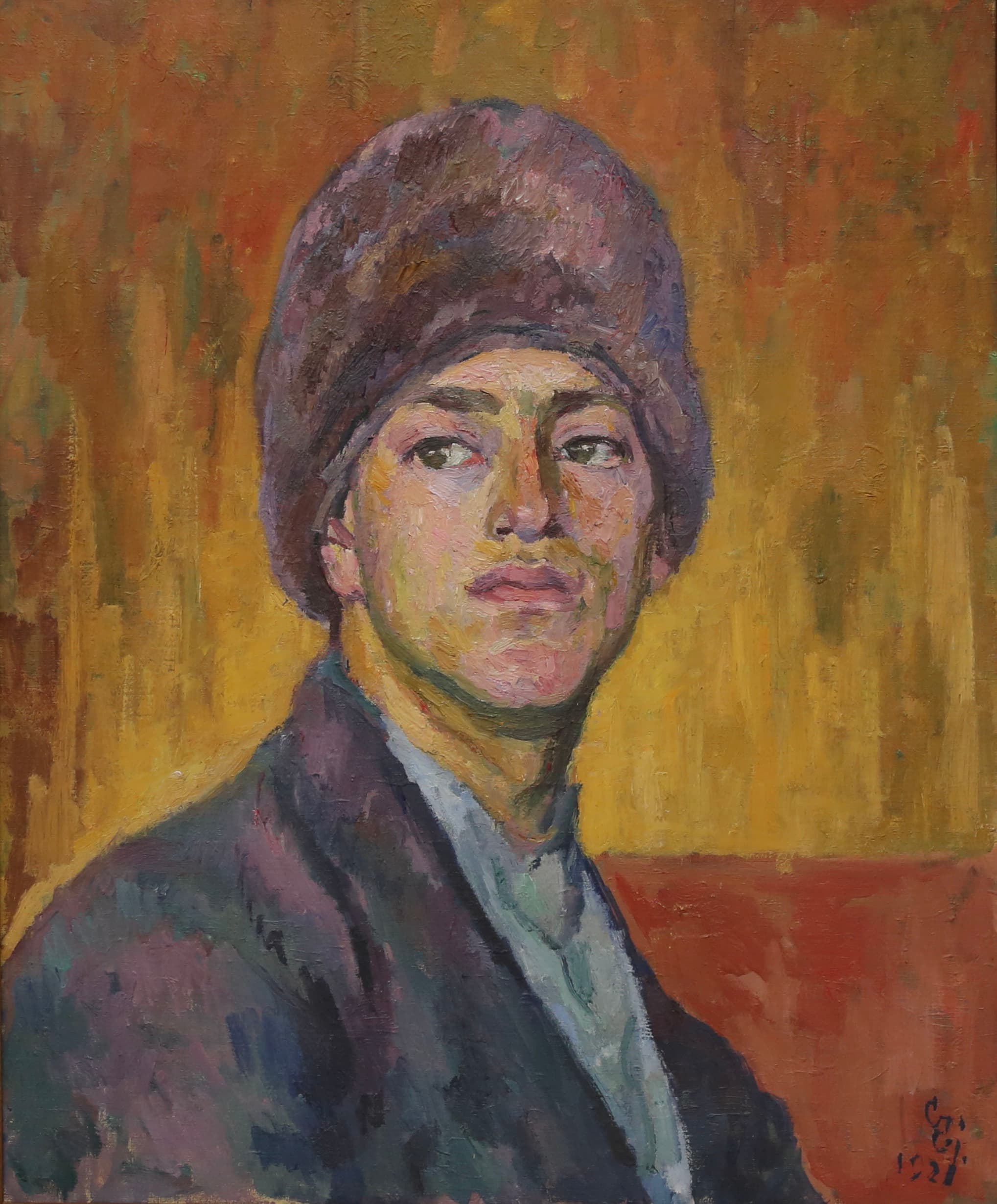 Painted portrait of Alberto Giacometti at nineteen: dark tousled hair, an intent stare, in a brown jacket against a mottled ground