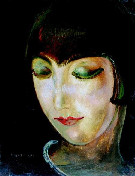 Gwozdecki's portrait of Kiki de Montparnasse at about nineteen: pale face, dark bobbed hair, bare shoulders against a dark ground