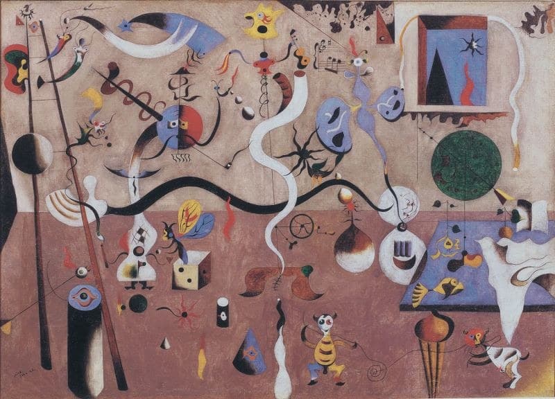 Miró's Harlequin's Carnival: a crowded interior of dancing biomorphic creatures, insects, a ladder, musical instruments and a window on a night sky.