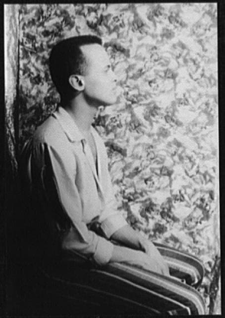 Harry Belafonte seated in a patterned studio setting in a 1954 portrait.