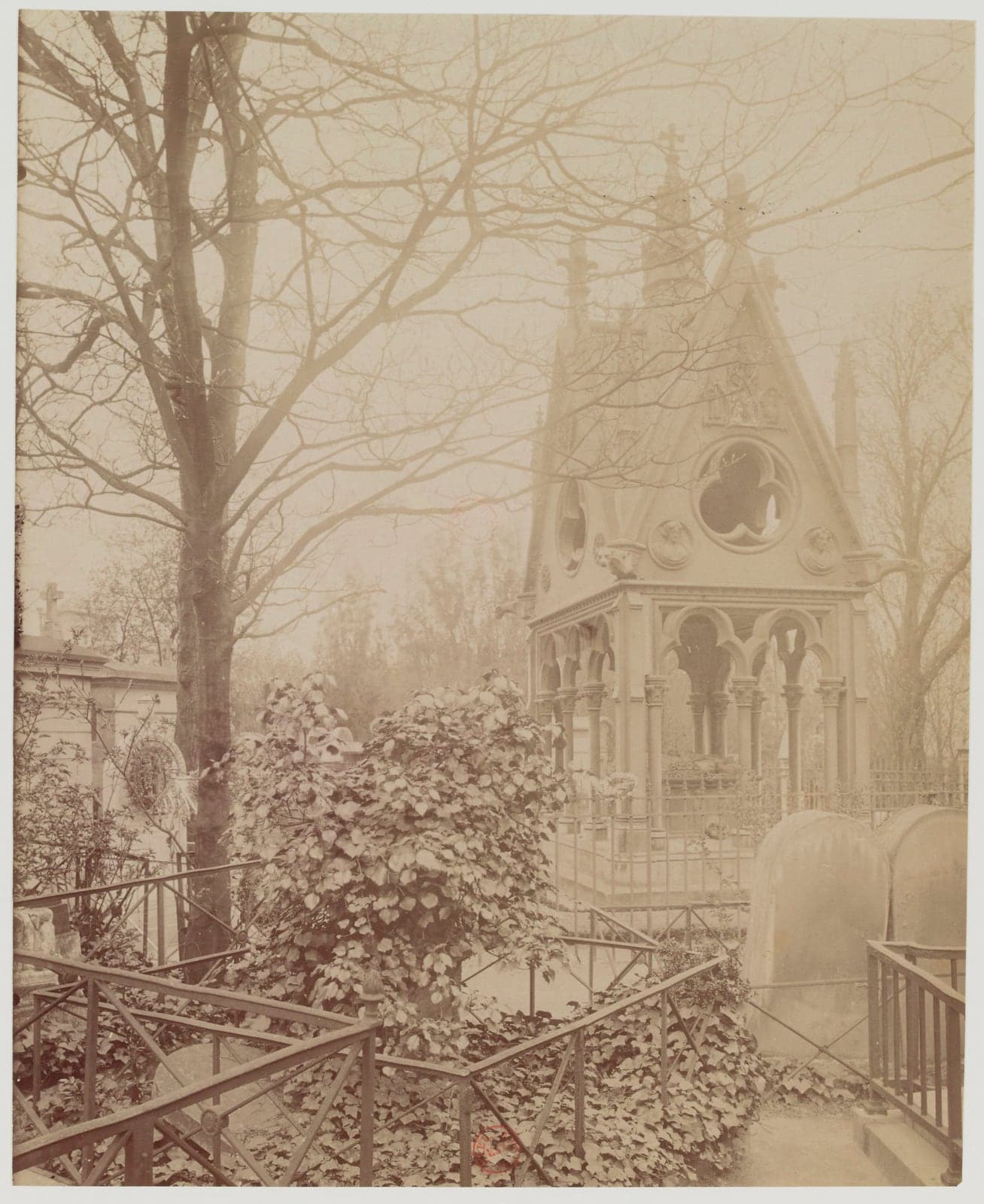 The neo-Gothic canopy tomb of Héloïse and Abélard at Père-Lachaise, photographed by Eugène Atget around 1900