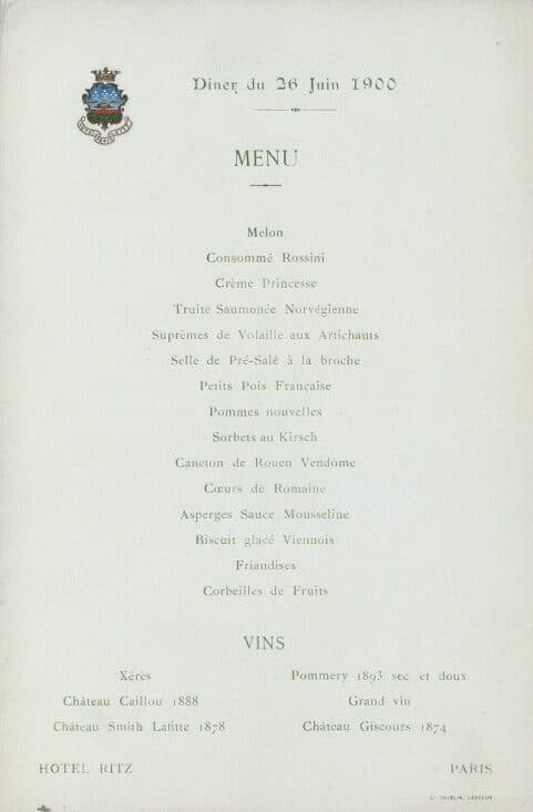 Printed dinner menu of the Hôtel Ritz, Paris, dated 26 June 1900