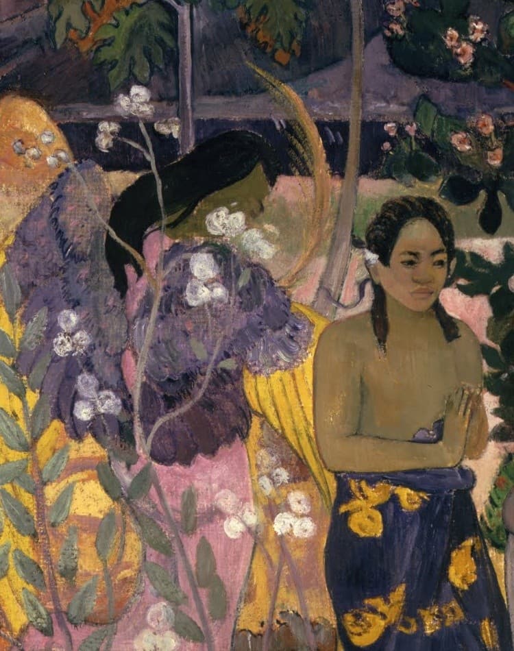 Detail of Ia Orana Maria: an angel with purple and gold wings half hidden behind flowering shrubs, dark hair visible in profile