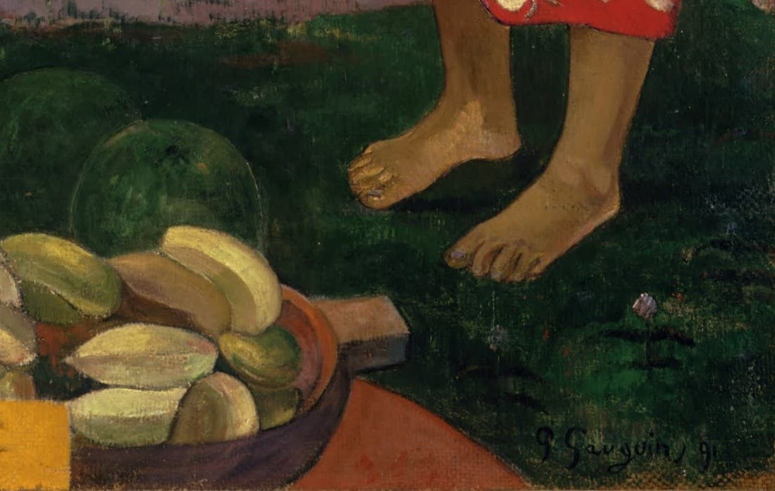 Detail of Ia Orana Maria: a red bowl heaped with bananas on a pink path, bare feet beside it, and Gauguin's signature