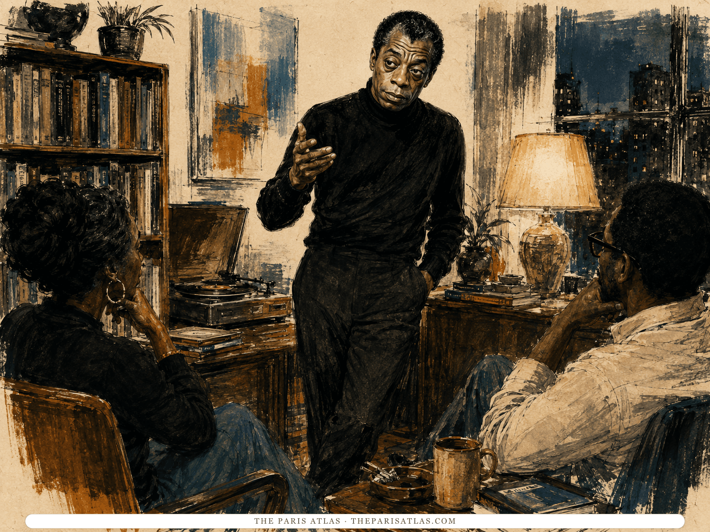 Ink and wash drawing of James Baldwin standing in an apartment mid-argument, one hand open in front of him, two seated listeners in the foreground, a bookshelf and record player behind him and lit windows beyond