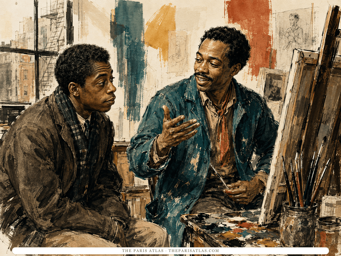 Ink and wash drawing of a young James Baldwin sitting in a Greenwich Village studio listening to the painter Beauford Delaney, who gestures towards a canvas, brushes and a loaded palette in the foreground