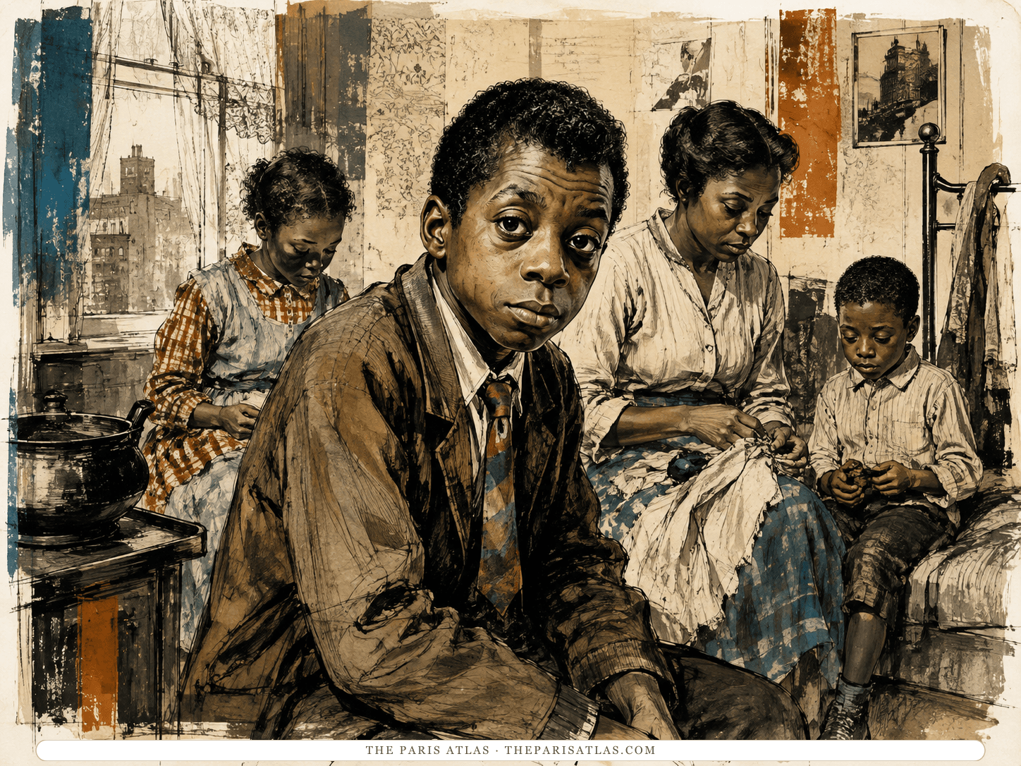 Ink and wash drawing of James Baldwin as a young man seated at the front of a cramped Harlem apartment, his mother sewing on the bed behind him with a younger boy beside her and a girl at the window, tenement rooftops outside