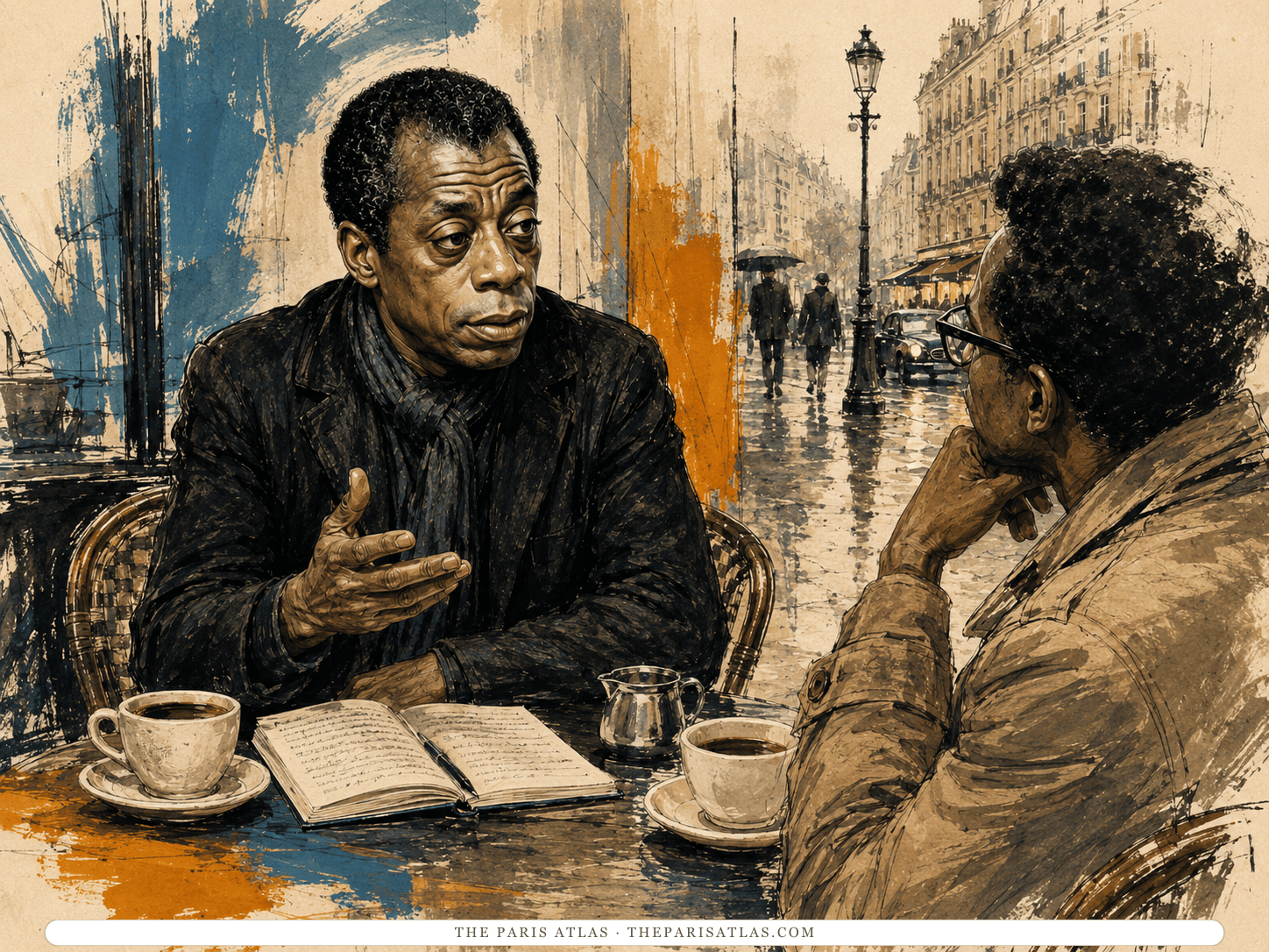 Ink and wash drawing of James Baldwin at a café table in Paris, leaning forward mid-sentence with one hand raised, an open notebook and two cups of coffee between him and the man seated opposite, a wet street and a lamp post beyond