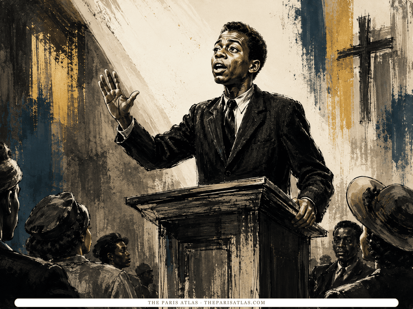 Ink and wash drawing of a teenaged James Baldwin preaching from a wooden pulpit with one hand raised, a congregation in hats listening in the foreground and a cross on the wall behind him