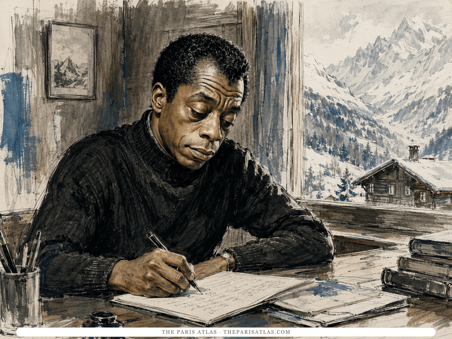 Ink and wash drawing of James Baldwin in a black turtleneck writing by hand at a wooden table, an inkwell and pens beside him, snow-covered Alps and a chalet roof through the window behind