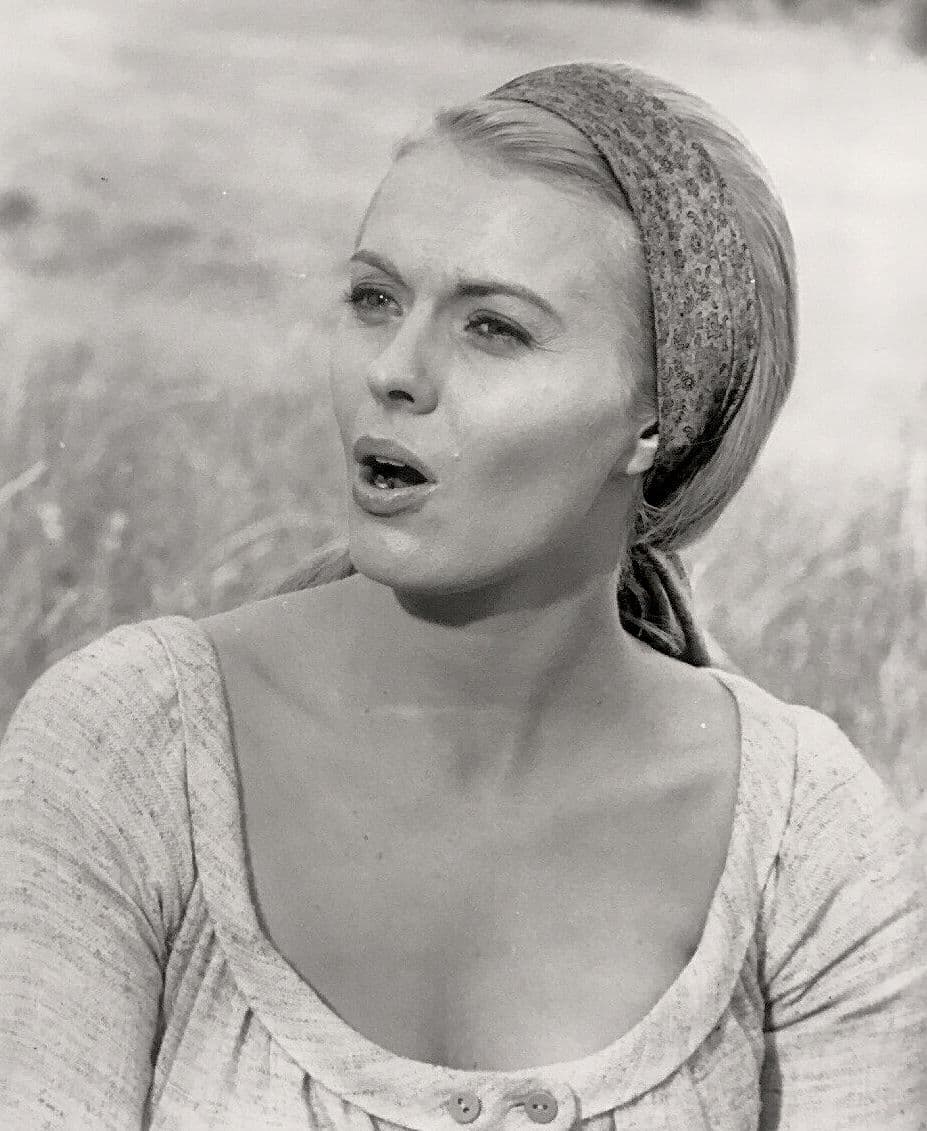 Press photograph of Jean Seberg outdoors in 1969, hair pulled back under a patterned headscarf