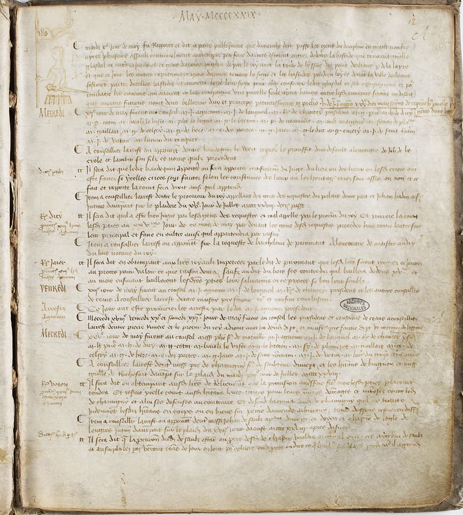A page of the 1429 Parlement de Paris register with a small pen sketch of Joan of Arc in the margin, holding a sword and banner