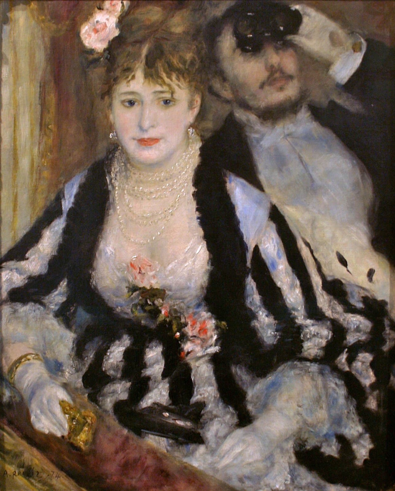 Renoir's La Loge: a fashionable couple in a theatre box, the woman lowering her opera glasses while the man raises his to scan the audience
