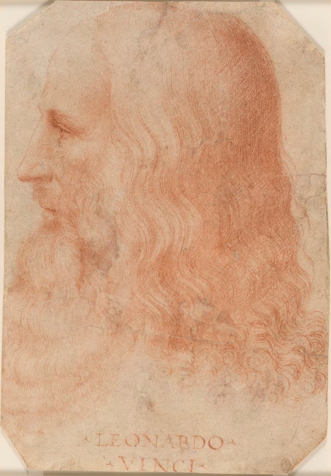 Leonardo da Vinci in profile with long hair and beard, drawn in red chalk by his pupil Francesco Melzi around 1515 to 1518