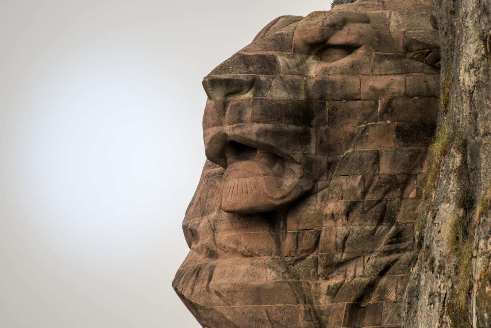 Close view of the head of the Lion of Belfort against a pale sky, showing the courses of pink sandstone blocks the animal is built from and the rock face it leans against