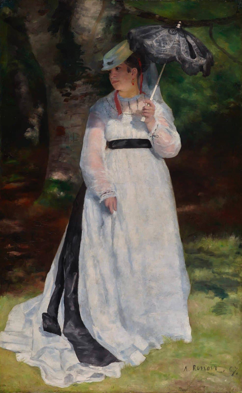 Renoir's Lise with a Parasol: a young woman in a white dress with a black sash standing in filtered woodland light, holding a lace parasol