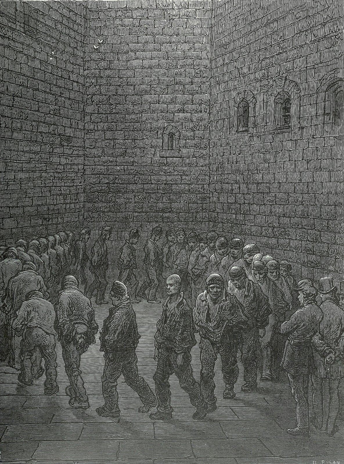 Close view of prisoners moving in a ring around Newgate prison's exercise yard