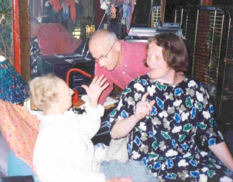 Lucette Destouches in 1995, with Céline's biographer François Gibault and Maroussia Klimova.