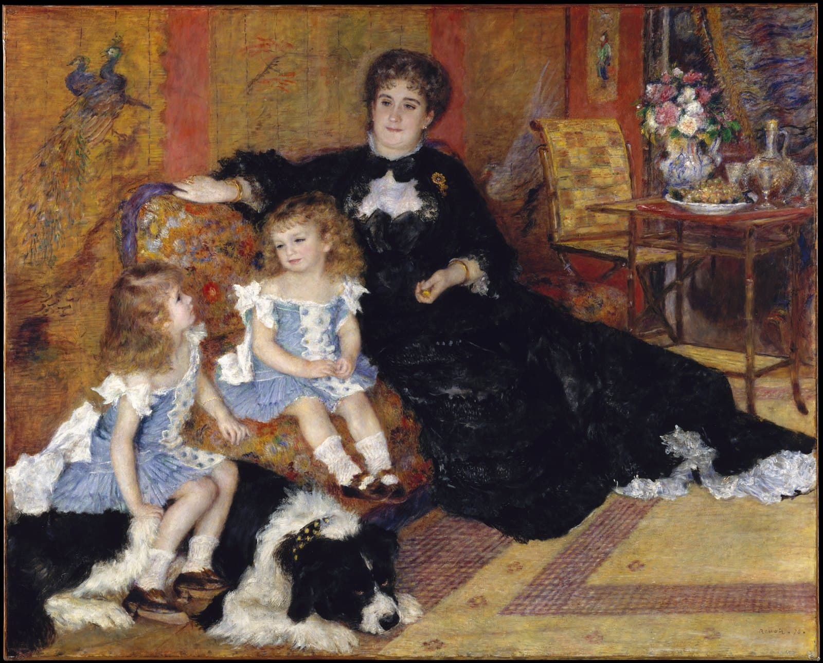 Renoir's portrait of Madame Charpentier in a black gown seated in a Japanese-decorated salon with her two children in matching blue and white dresses and the family dog