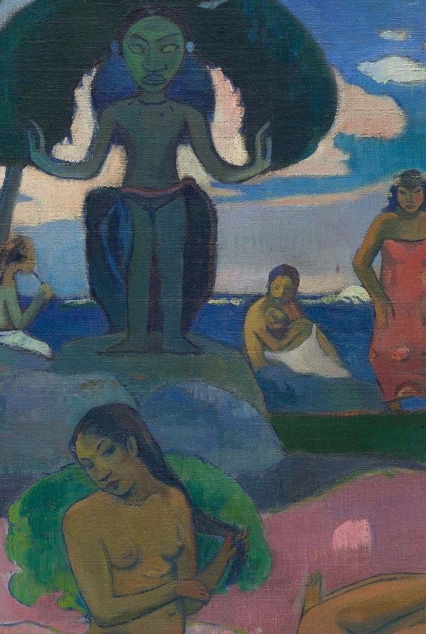 Detail of Mahana no atua: the green-faced idol with pale eyes and curved arms, white flame shapes behind its hands, figures on the shore beyond