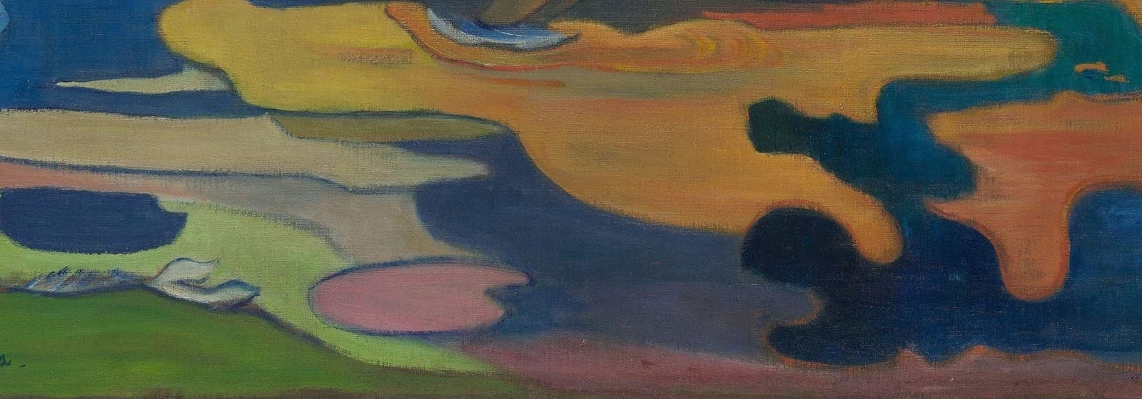Detail of Mahana no atua: the foreground pool broken into flat interlocking shapes of yellow, pink, green, and blue that describe no reflection