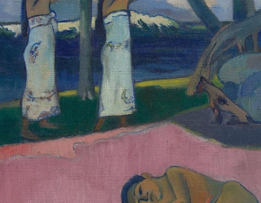 Detail of Mahana no atua: two women in pale printed pareus carrying offerings along the shore, with a figure sleeping on the pink sand below