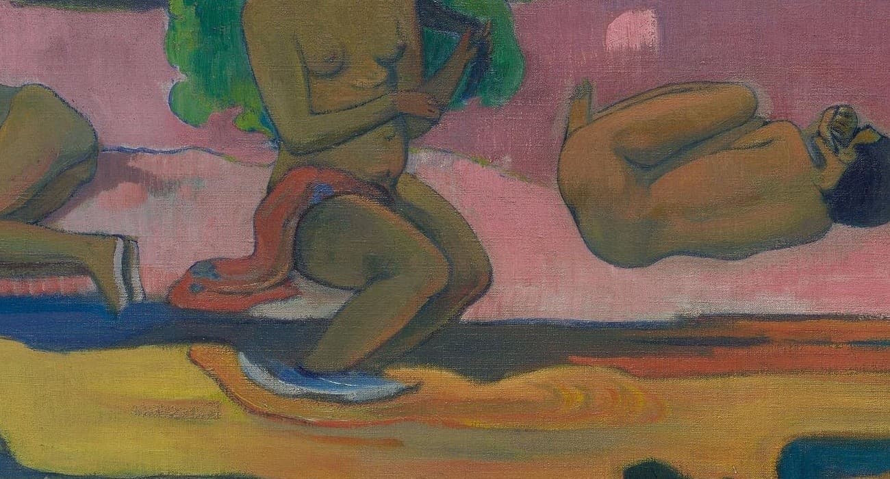 Detail of Mahana no atua: three bathers on pink sand, the central one wringing her hair, feet in the yellow pool