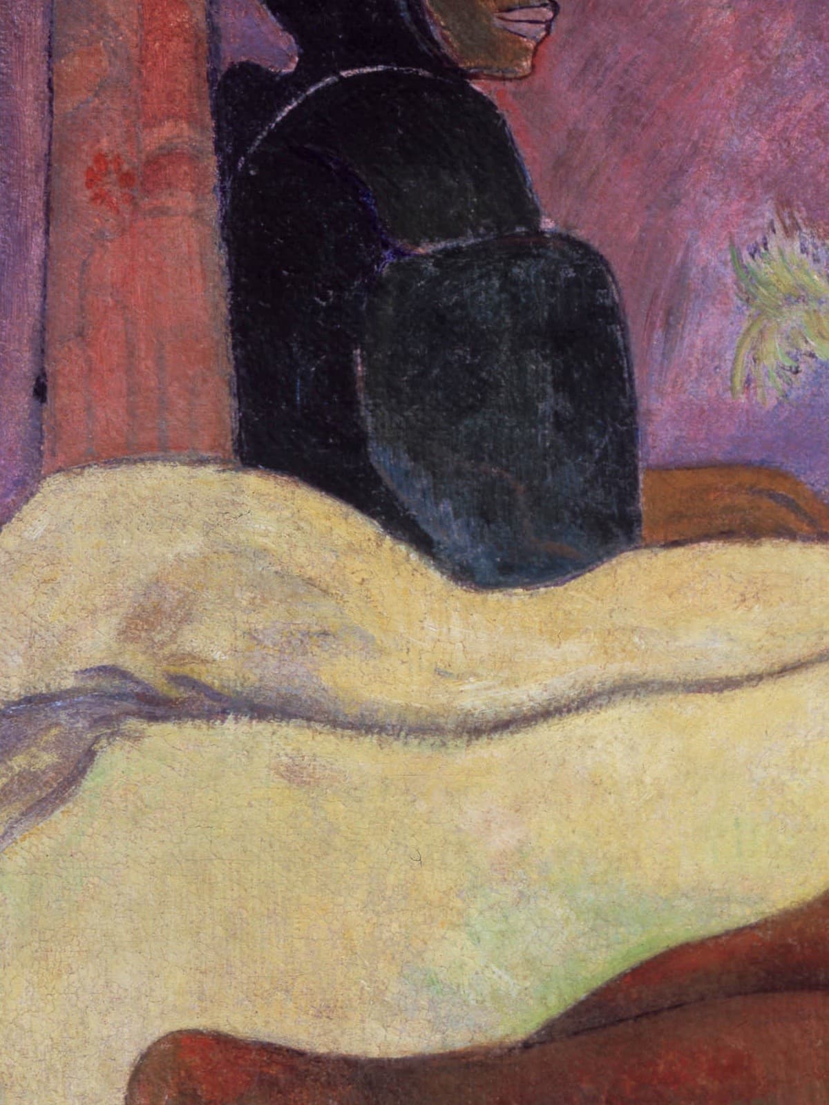 Detail of Manao tupapau: the spirit of the dead in profile, a grey face inside a black hood, seated by the bedpost