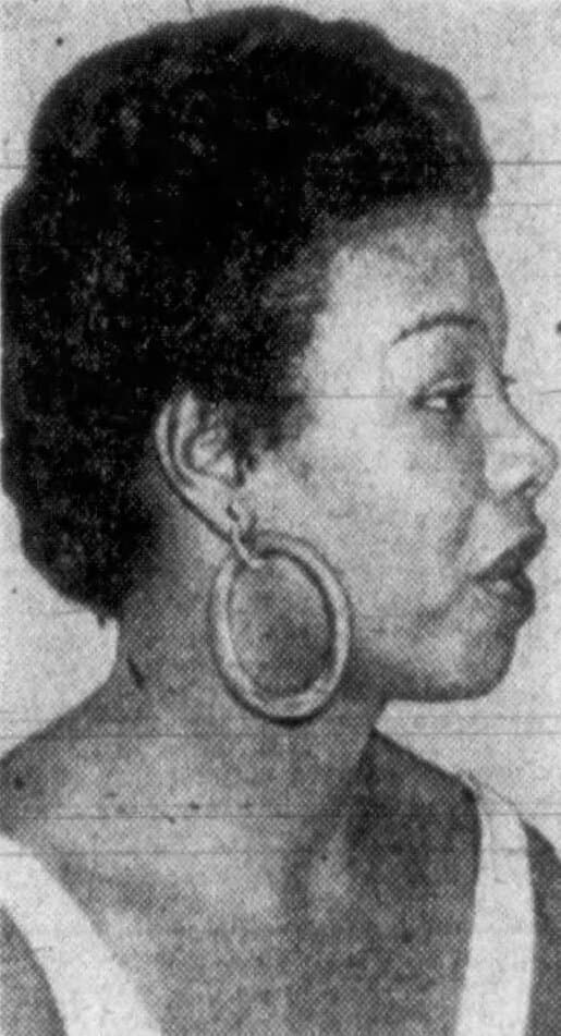 Newspaper portrait of a young Maya Angelou in profile, wearing a large hoop earring, her hair swept up