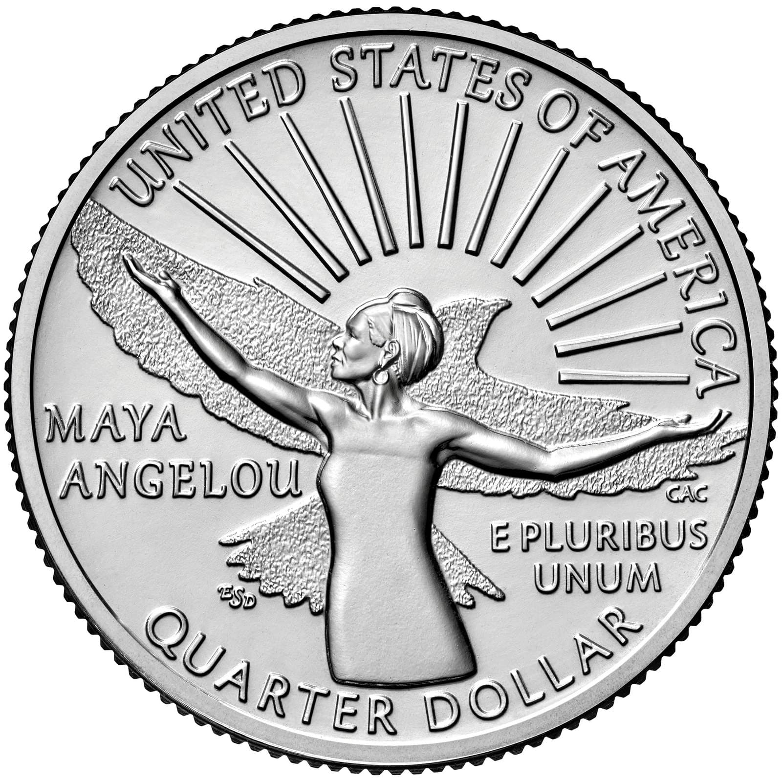 The reverse of a United States quarter showing Maya Angelou with arms outstretched, a bird’s wings and a rising sun behind her, inscribed “Maya Angelou” and “Quarter Dollar”