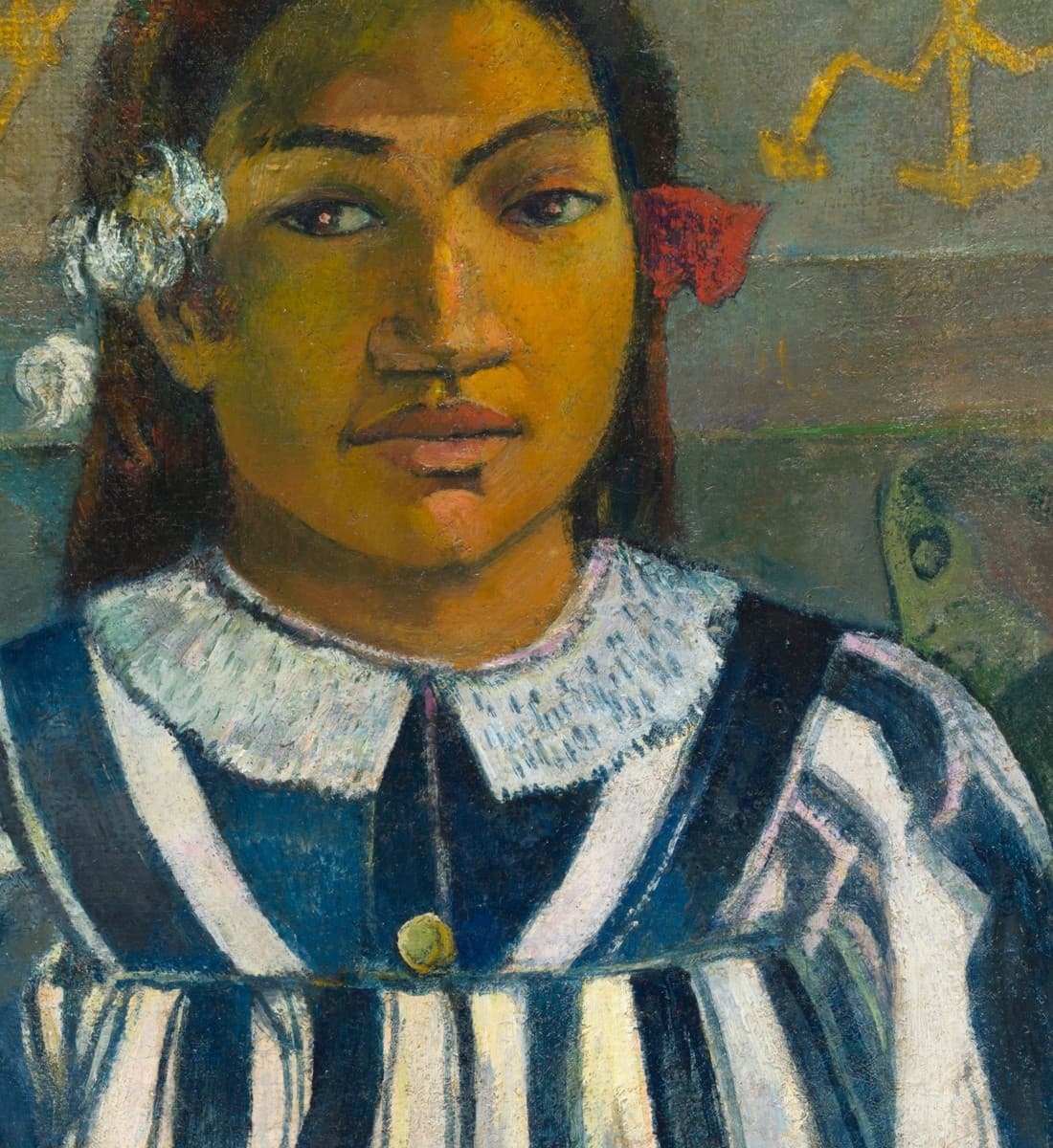 Detail of the Tehamana portrait: her face with a guarded sideways glance, white flowers over one ear and a red flower at the other
